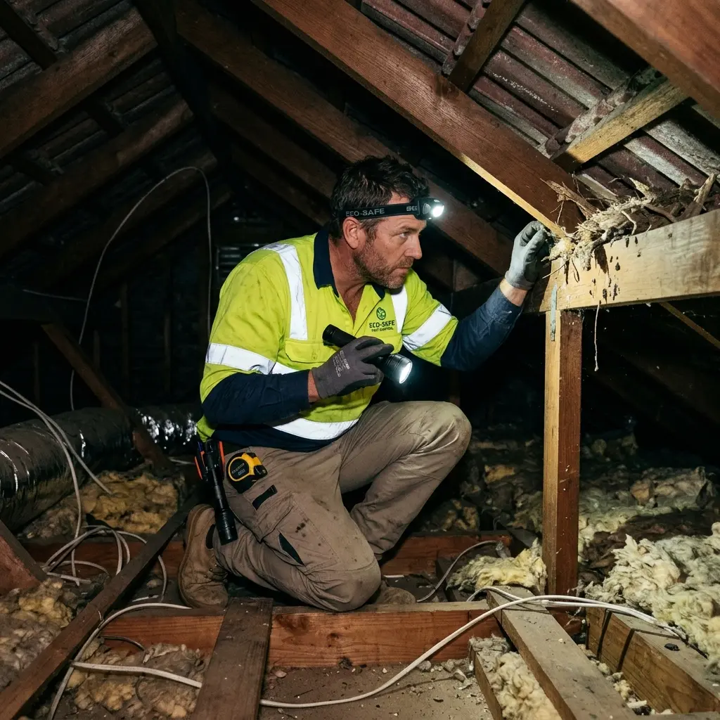 Technician inspecting a roof cavity for a dead animal in Kooyong