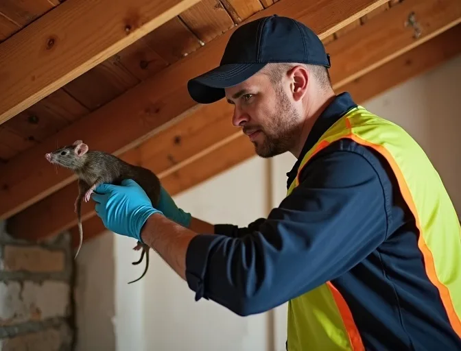 Technician inspecting a roof cavity for a dead rat in Kooyong